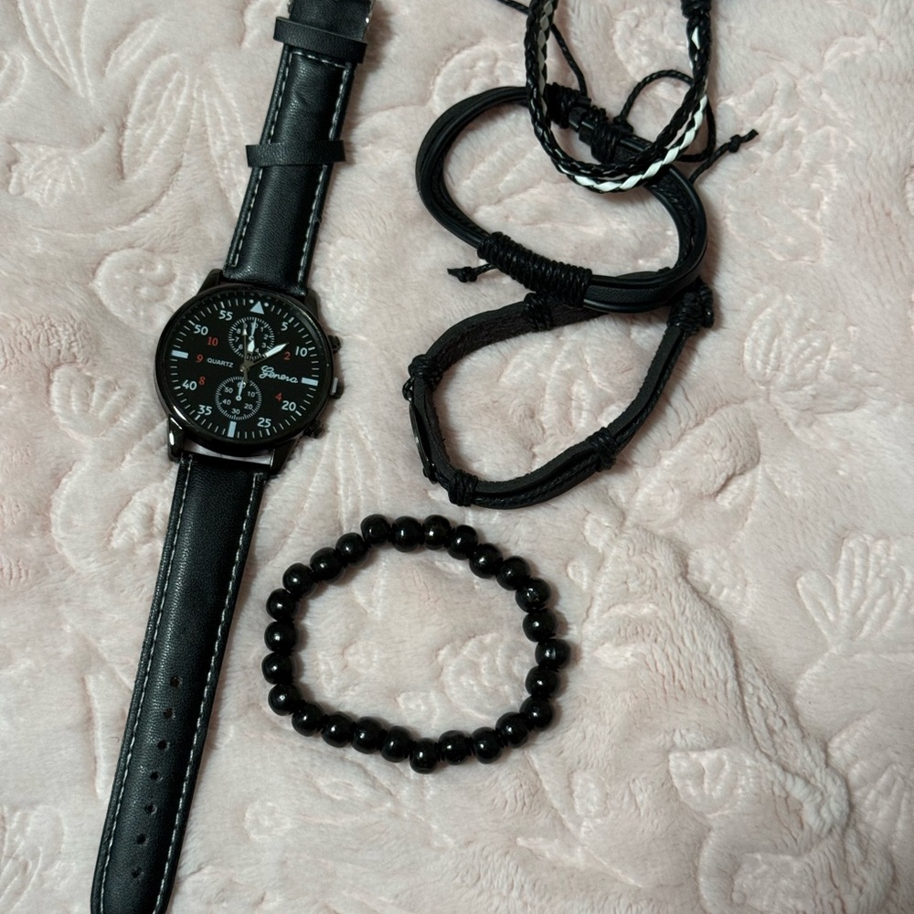Black Leather Watch and Bracelet Set